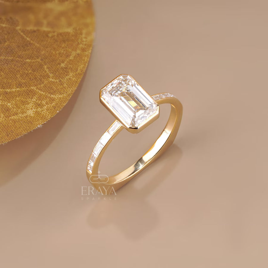Emerald Cut Lab Diamond Bezel Baguette Ring