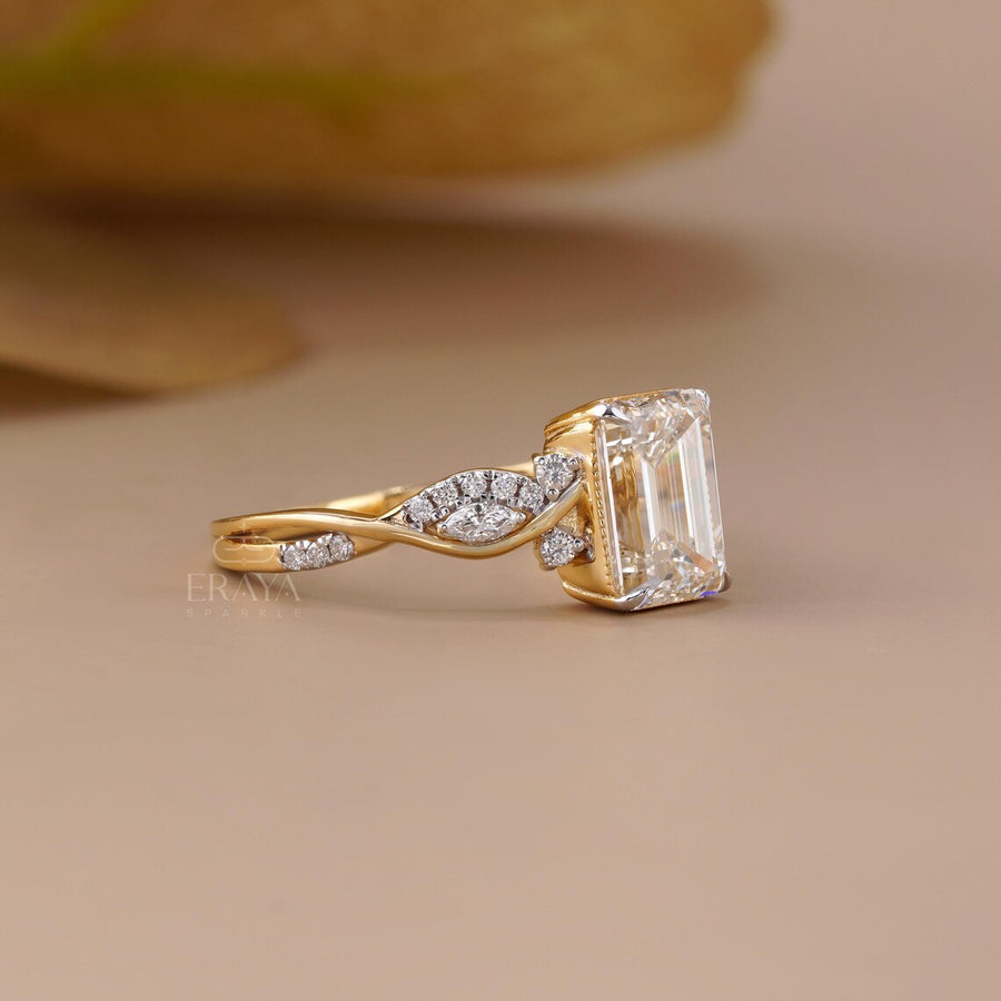 Emerald Cut Lab Diamond Twisted Pave Ring