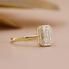 Emerald Cut Lab Diamond Halo Half Bezel Ring