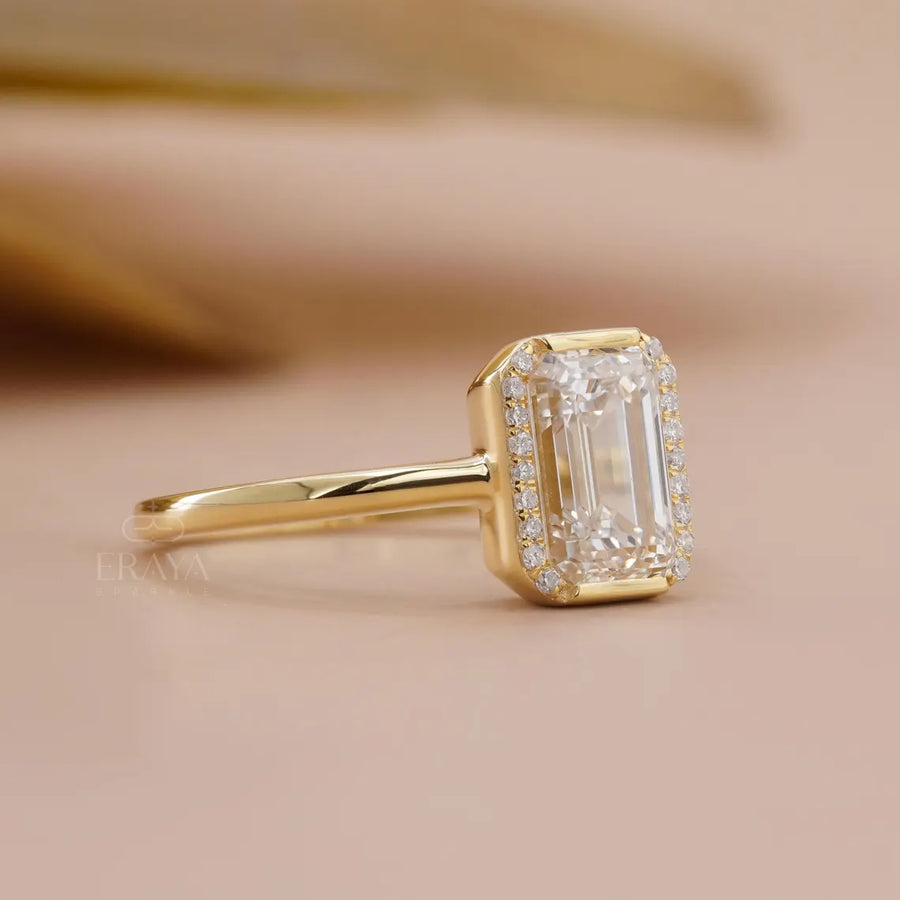 Emerald Cut Lab Diamond Halo Half Bezel Ring