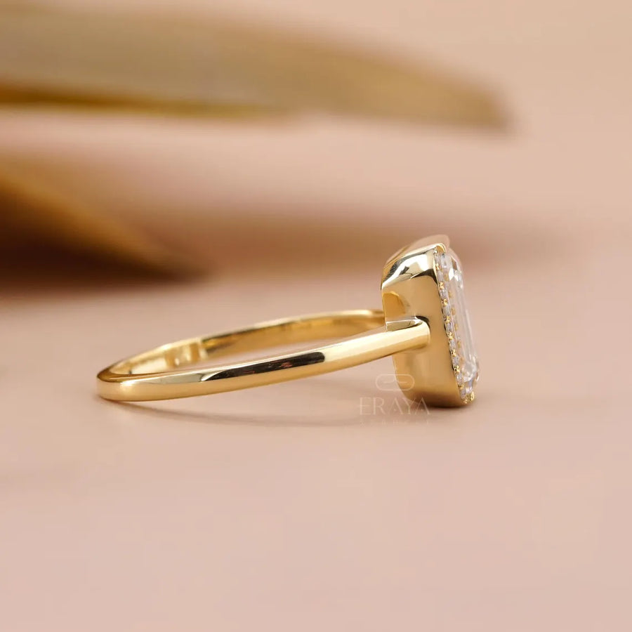 Emerald Cut Lab Diamond Halo Half Bezel Ring