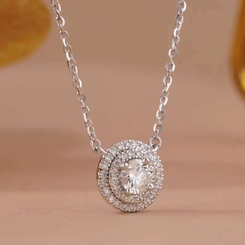 Diamond Halo Pendant | Round Cut Necklace