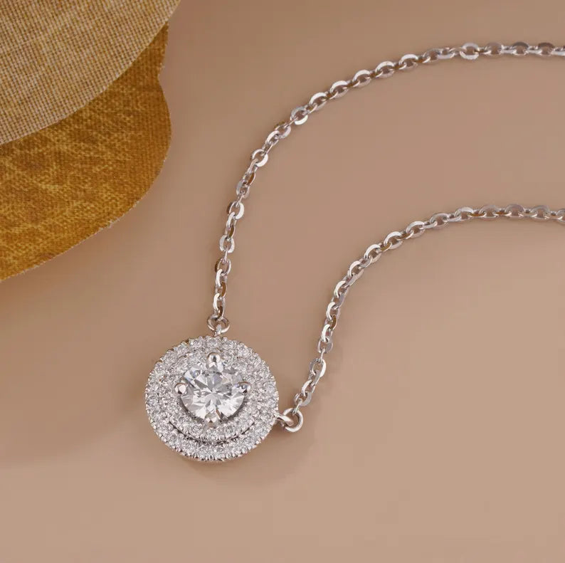 Diamond Halo Pendant | Round Cut Necklace