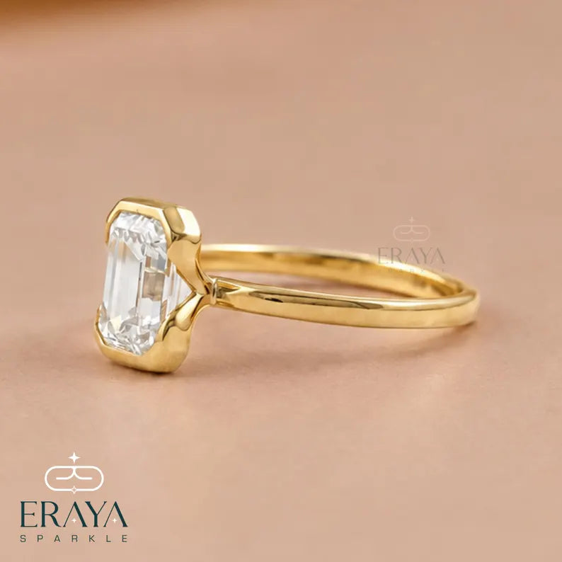 Emerald Cut Lab Diamond Half Bezel Ring