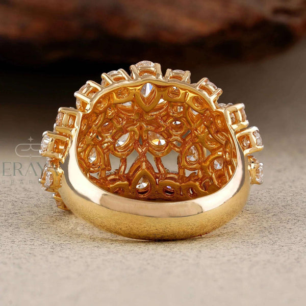 Pear Cut Lab Diamond Cocktail Ring – Round Floral Design - 