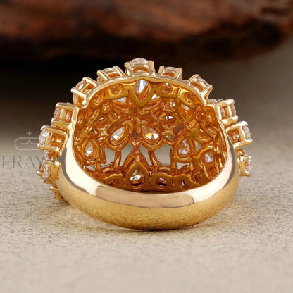 Pear Cut Lab Diamond Cocktail Ring – Round Floral Design - erayasparkle