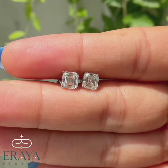 asscher-diamond-studs-model-wearing-360-view