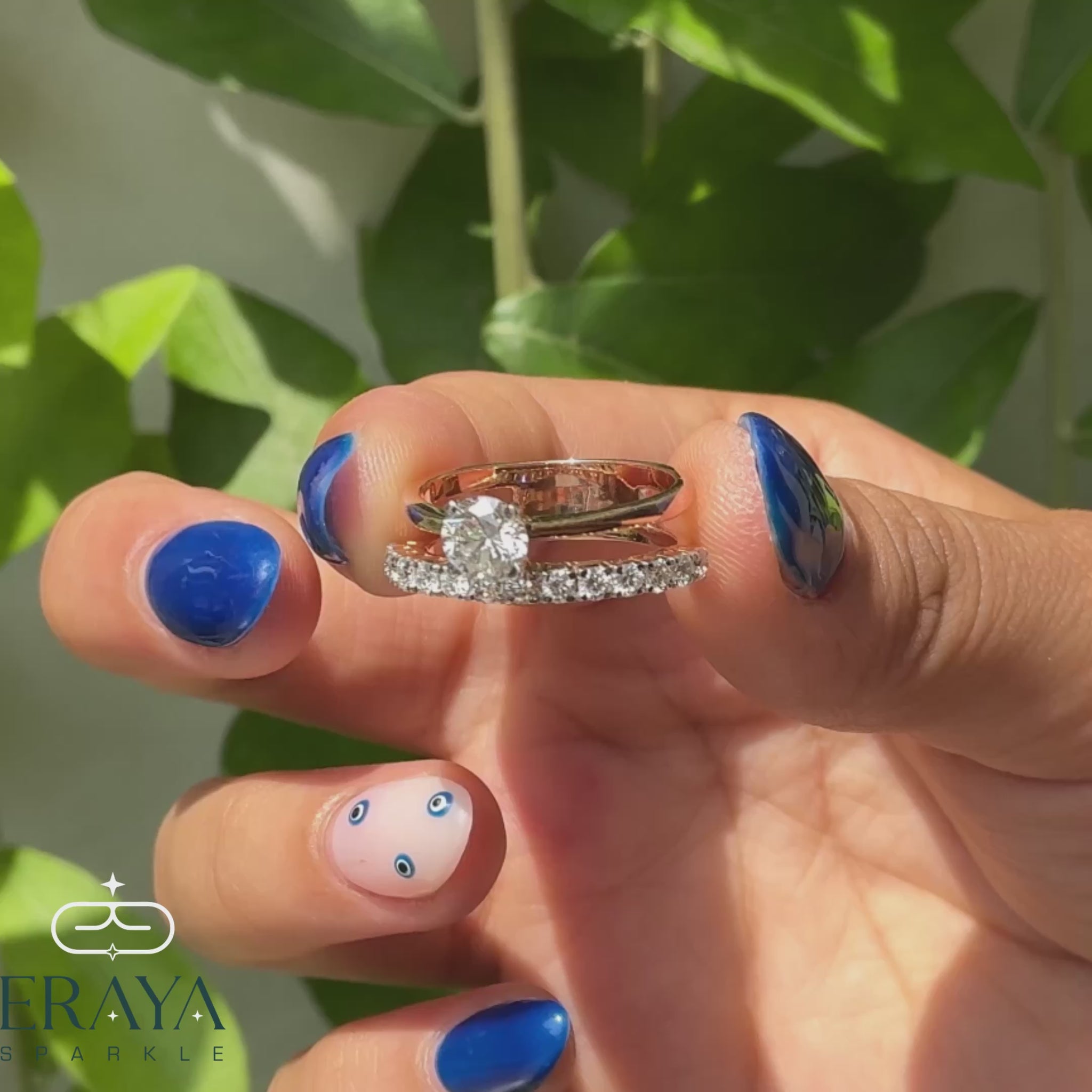 360° rotating video of ERAYA solitaire lab-grown diamond ring in hand showcasing sparkle and finish