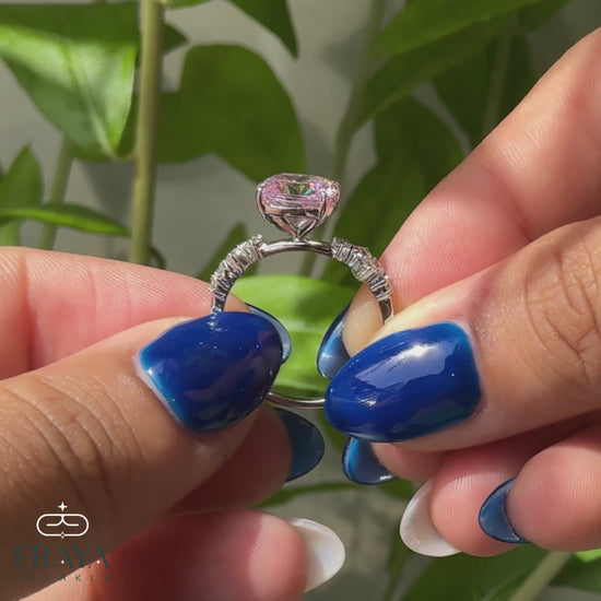 Handcrafted 14K white gold ring with pink cushion and side diamonds