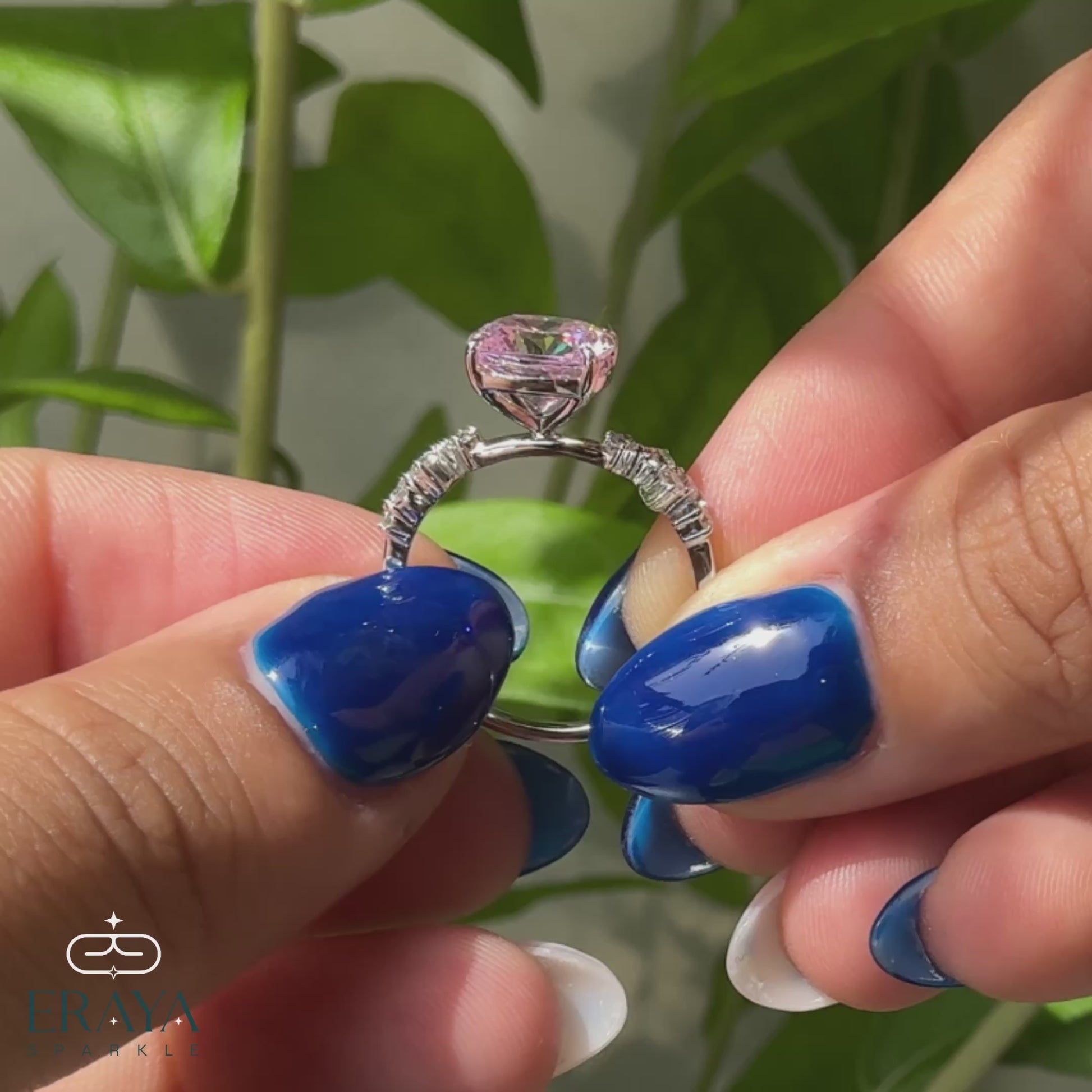 Handcrafted 14K white gold ring with pink cushion and side diamonds