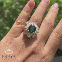 Green Stone Diamond Halo Cocktail Ring | Gold Ring