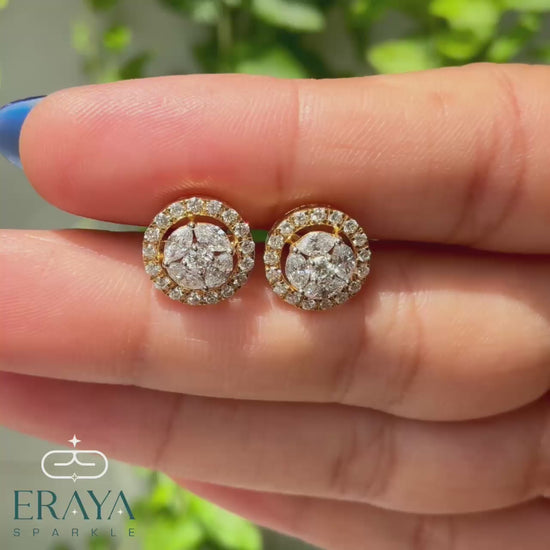 Rotating video of marquise & round halo stud earrings in gold — all-side view