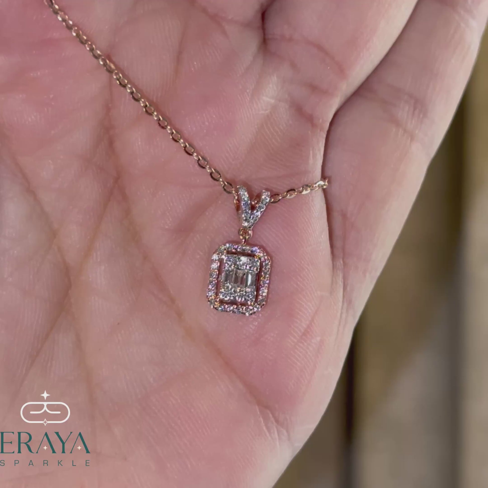Hands-on view video showing cluster diamond pendant from all sides - 14K rose gold lab grown diamond pendant