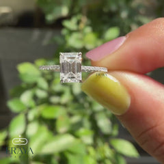 Emerald Shape Diamond Ring with Hidden Halo