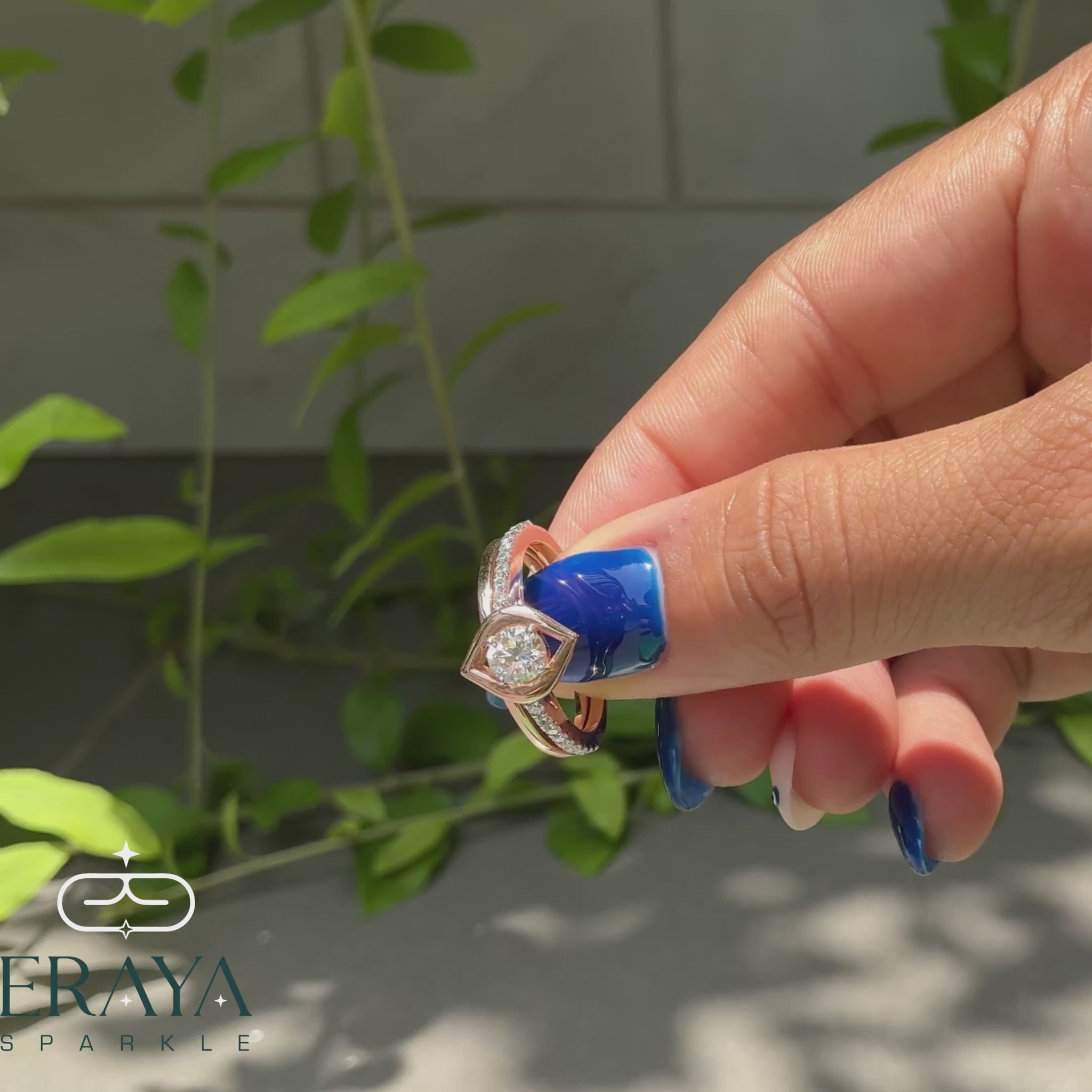 360° rotating video of ring set in hand and worn on finger showing sparkle and fit
